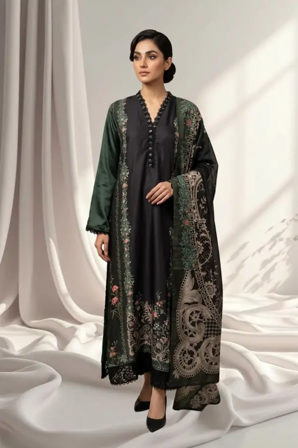 Satin silk collection 3 piece lux printed suit - Black, X - Large