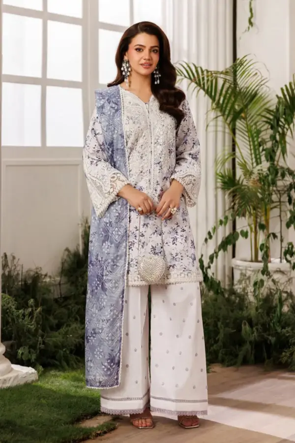 Aabroo summer lawn Eid collection plazo 3 piece suit - White, X - Large