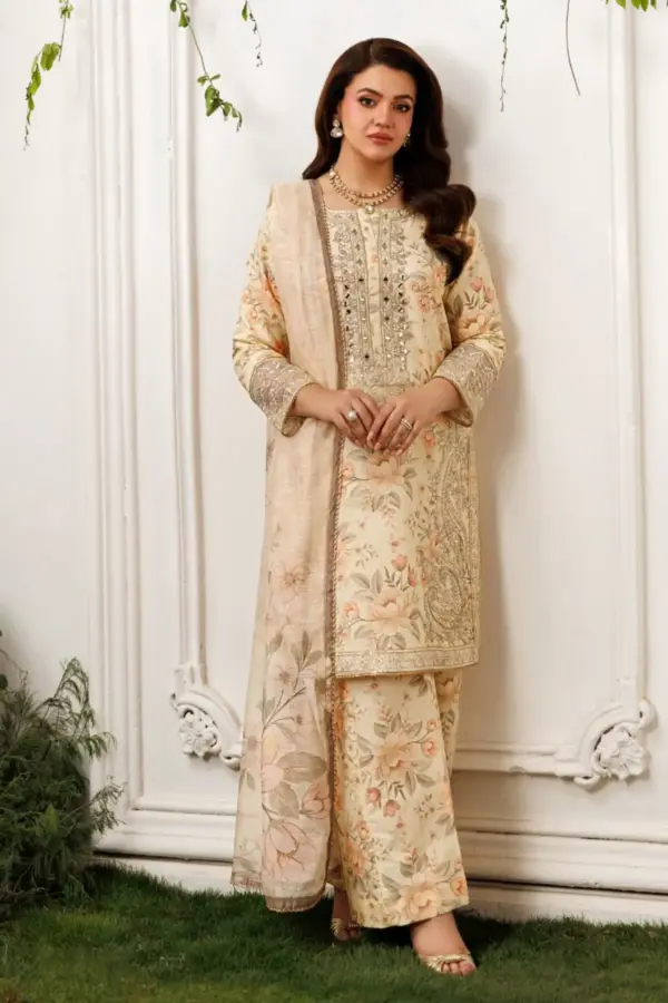 Aabroo summer lawn Eid collection 3 piece plazo suit - Beige, X - Large