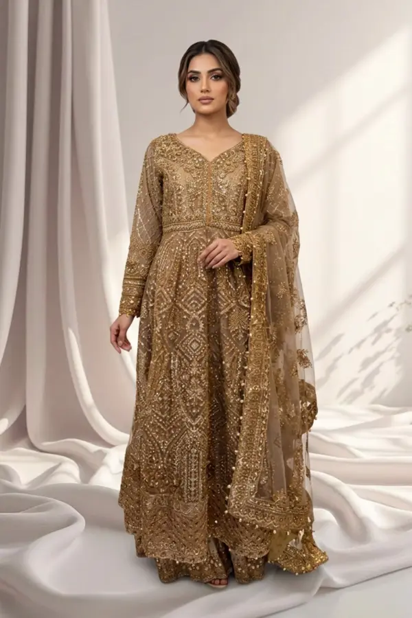Iqra premium collection 3 piece plazo suit - Khakhi, X - Large