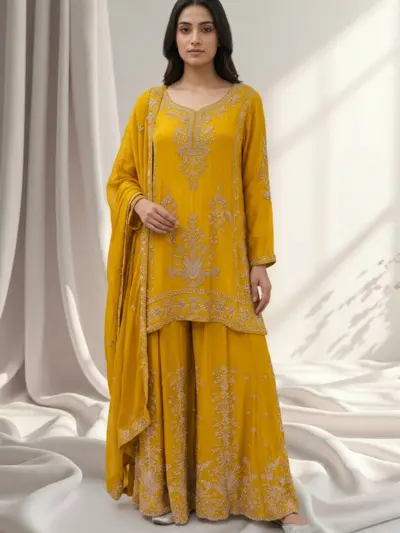 Shiffonz wedding collection 3 piece embroidered sharara suit - Yellow, 42