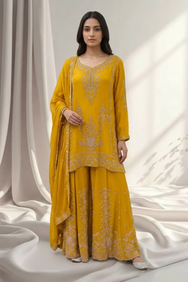 Shiffonz wedding collection 3 piece embroidered sharara suit - Orange, 38