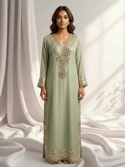 Shiffonz 2 piece mirror embroidered Kaftan collection - Mint, 34