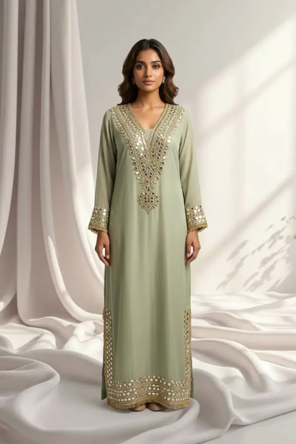 Shiffonz 2 piece mirror embroidered Kaftan collection - Mint, 34