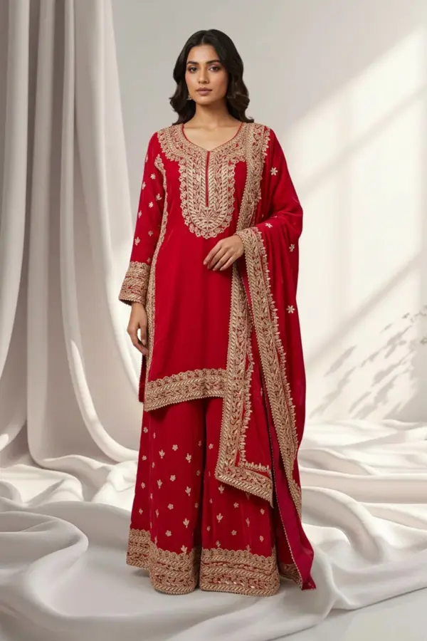 Shiffonz 3 piece luxury embroidered plazo suit - DKPINK, 38