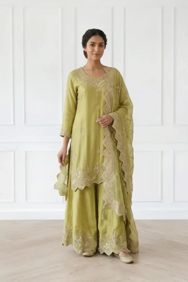 Fiya Shiffonz collection 3 piece embroidered plazo suit - MEHNDI, 38