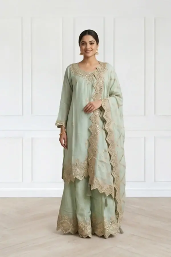 Fiya Shiffonz collection 3 piece embroidered plazo suit - Mint, 38