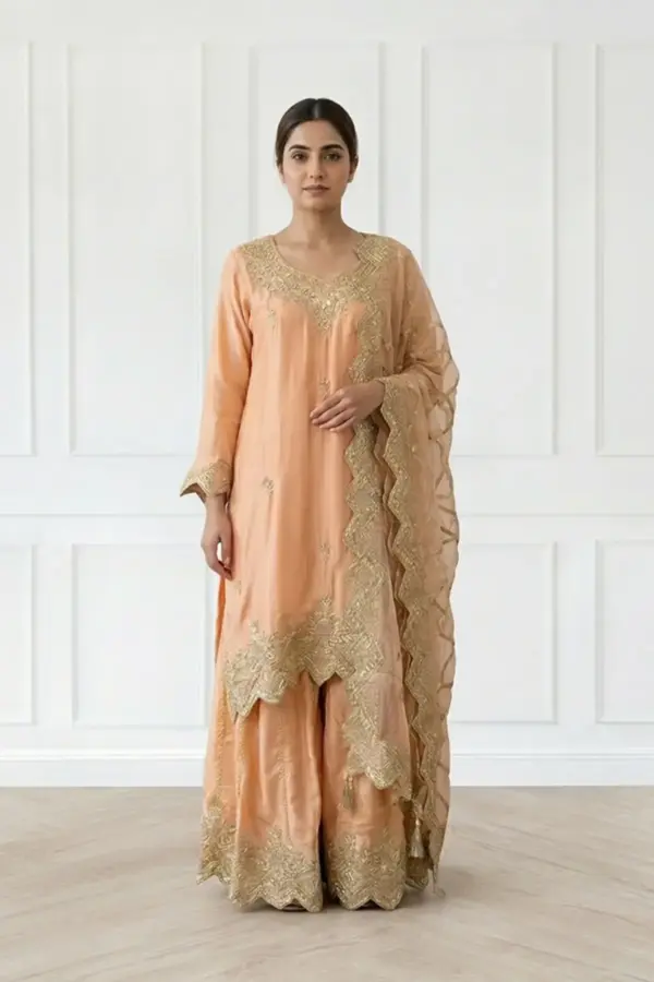 Fiya Shiffonz collection 3 piece embroidered plazo suit - Peach, 42