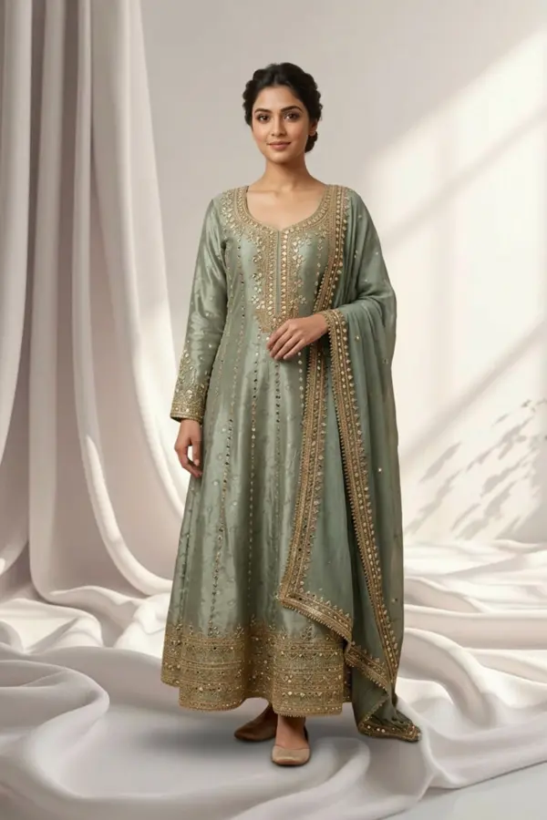Afreen anarkali 2 piece luxury embroidered suit - Gold, 42