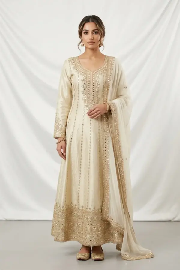 Afreen anarkali 2 piece luxury embroidered suit - Gold, 42