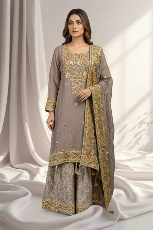 Amreen luxe embroidered 3 piece sharara dress - Purple, 42