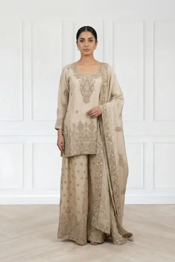 Shiffonz embroidered 3 piece luxe sharara suit