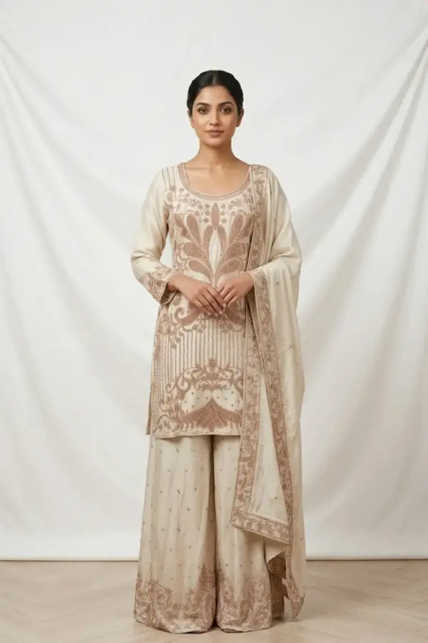Rubiya 3 Piece luxury embroidered sharara dress - Beige, 38