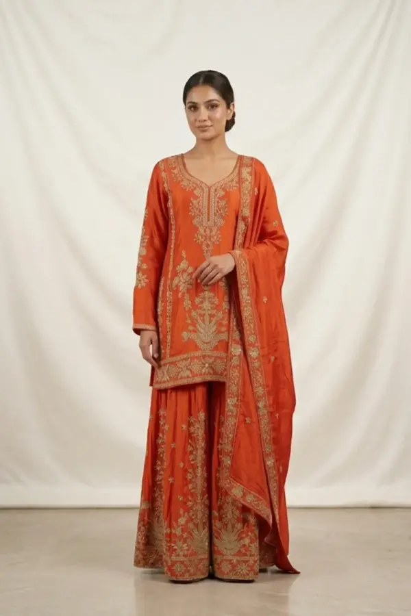 Shiffonz wedding collection 3 piece embroidered sharara suit - Orange, 38