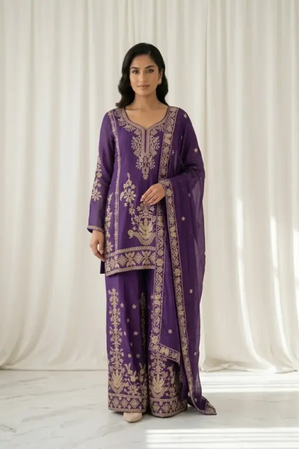 Shiffonz wedding collection 3 piece embroidered sharara suit - PUPRLE, 38
