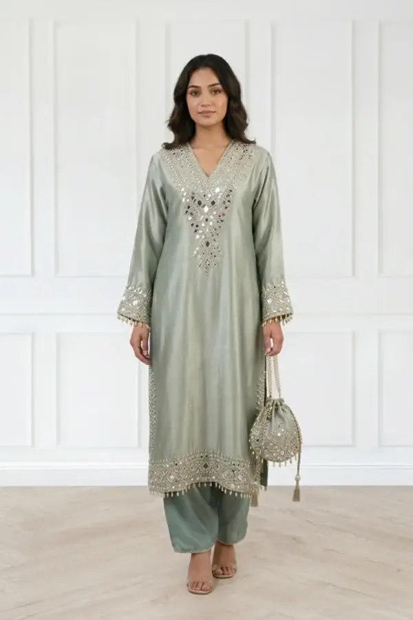 Shiffonz long luxe embroidered kaftan suit - Green, 40
