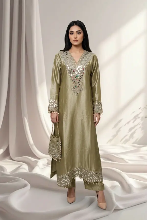 Shiffonz long luxe embroidered kaftan suit - Khakhi, 40