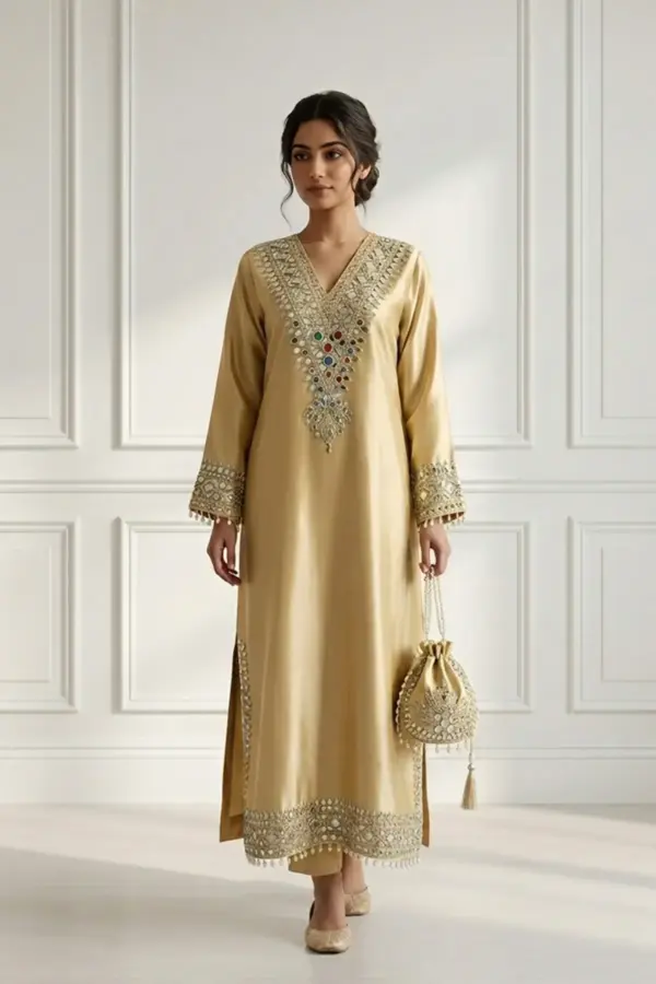 Shiffonz long luxe embroidered kaftan suit - MEHNDI, 40
