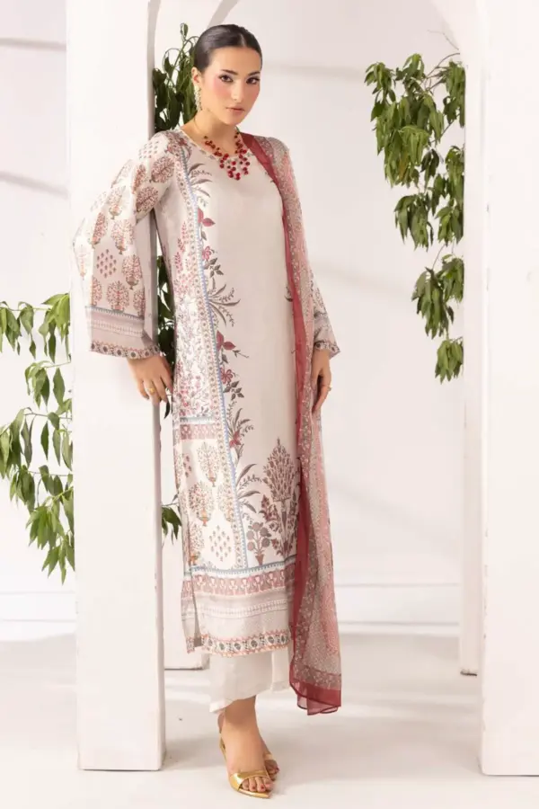 Marium premium silk collection 3 piece printed suit - Grey, X - Large