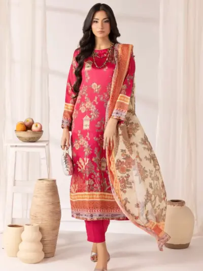 Marium premium collection 3 piece printed silk suit - DPINK, Medium