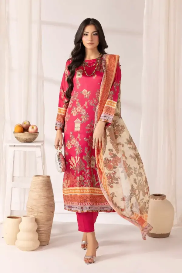 Marium premium collection 3 piece printed silk suit - DPINK, X - Large