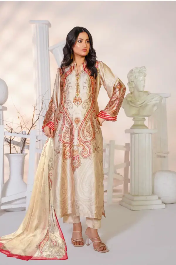 Almas premium silk printed 3 piece collection - Beige, X - Large