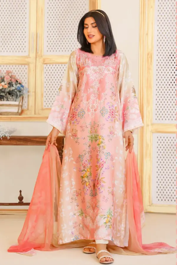 Almas premium 3 piece silk luxe printed kaftan collection - Peach, X - Large