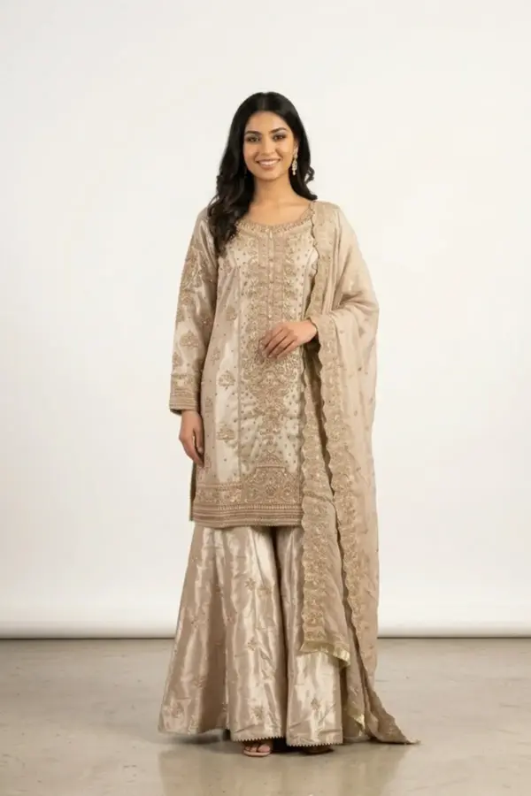 Nimrah premium collection embroidered 3 piece suit - Beige, Large