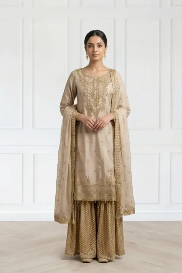 Nimrah premium gharara collection 3 piece embroidered suit - Beige, Large