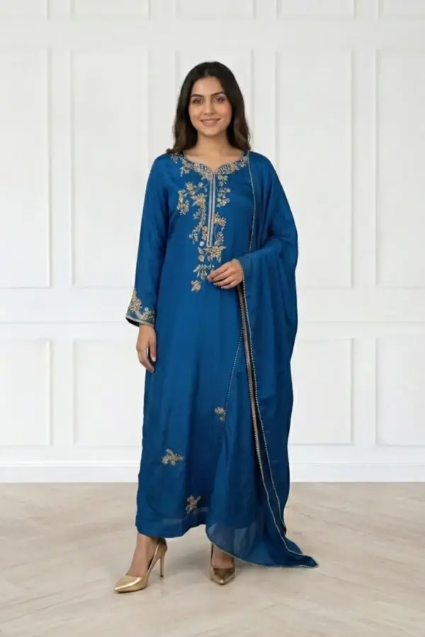 Nimrah premium kaftan collection 3 piece embroidered suit - Teal, Large