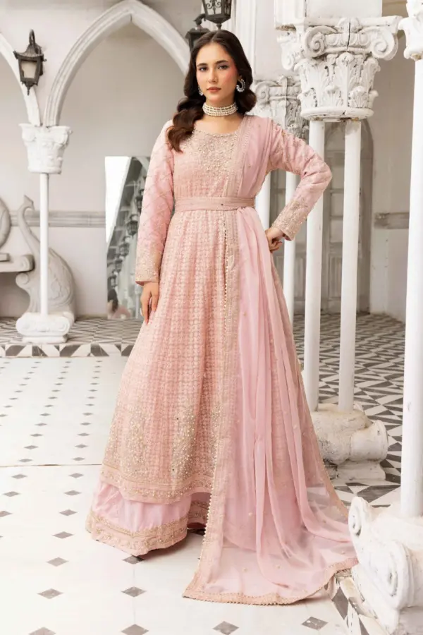 Elisa collection 3 piece luxe chiffon embroidered gown - Pink, Large