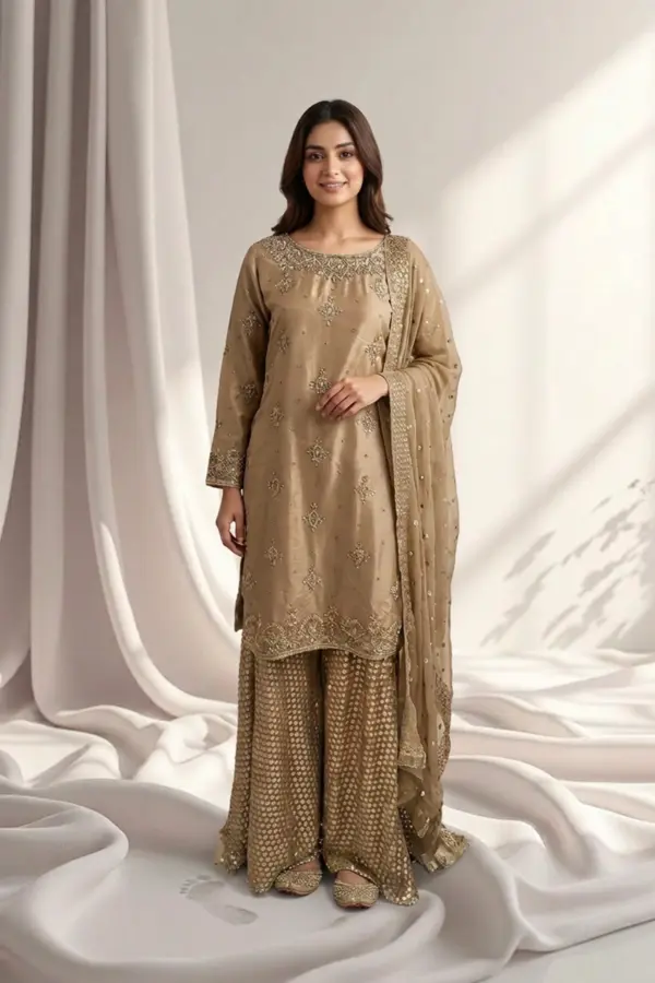 Leena premium collection 3 piece embroidered plazo suit - Beige, Large