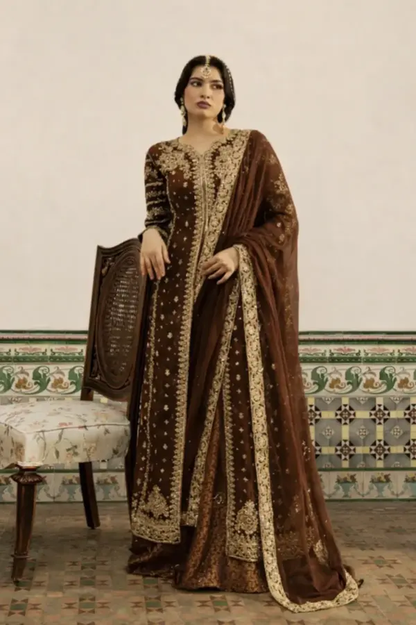 Shiffonz collection 3 piece embroidered lengha suit - Brown, Large