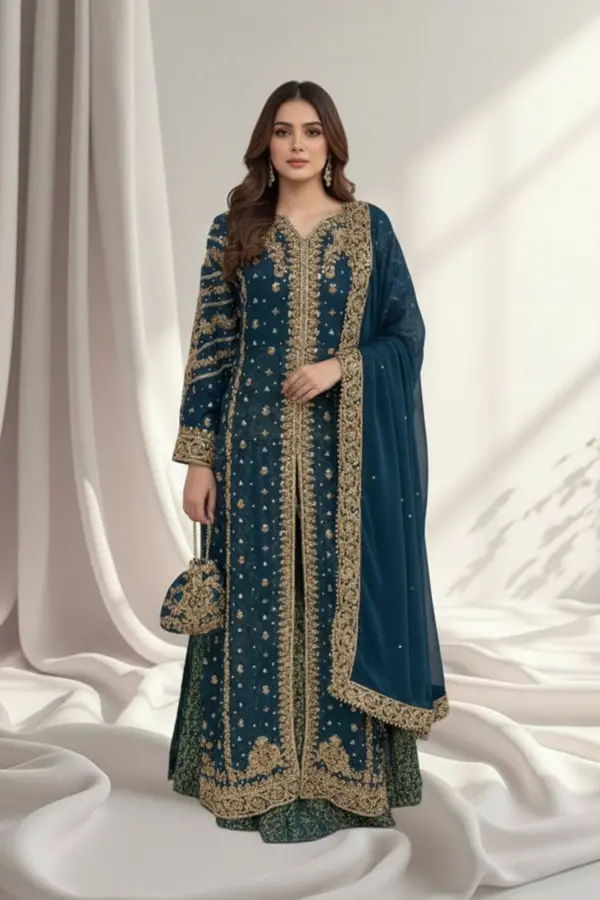 Shiffonz collection 3 piece embroidered lengha suit - Teal, X - Large