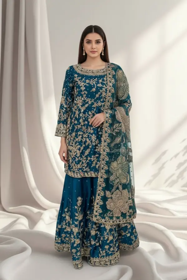 Shiffonz luxe collection 3 piece embroidered dress - Teal, Medium