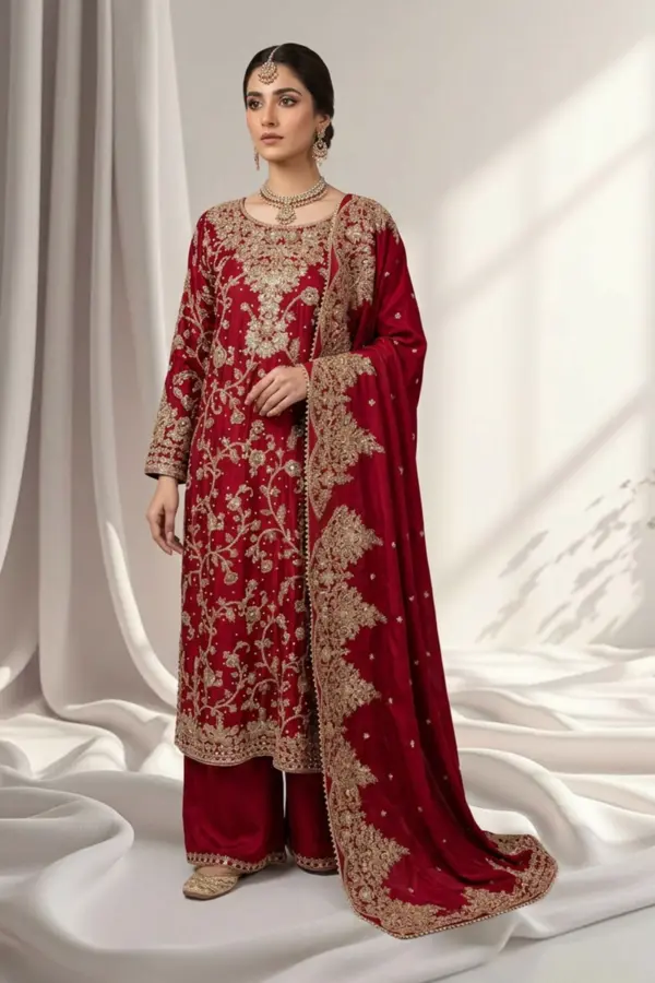 Riyaya collection 3 piece luxe embroidered suit - Red, X - Large