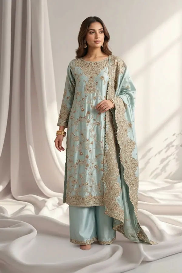 Riyaya collection 3 piece luxe embroidered suit - SGREEN, X - Large