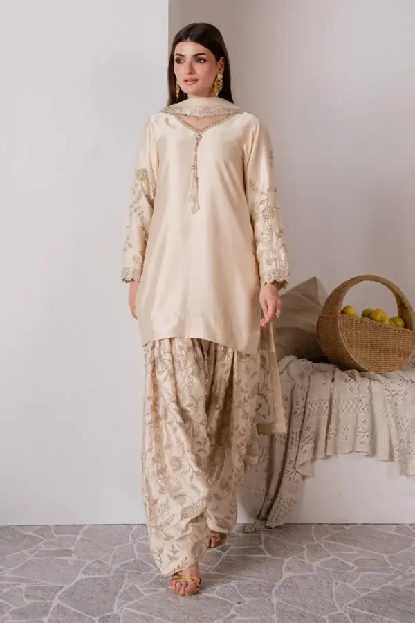 Alarna premium collection 3 piece farshi shalwar suit - Cream, X - Large