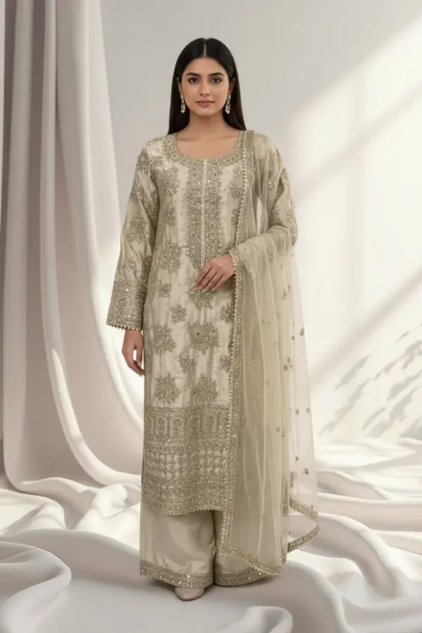 Areena premium collection 3 piece plazo suit - Beige, X - Large