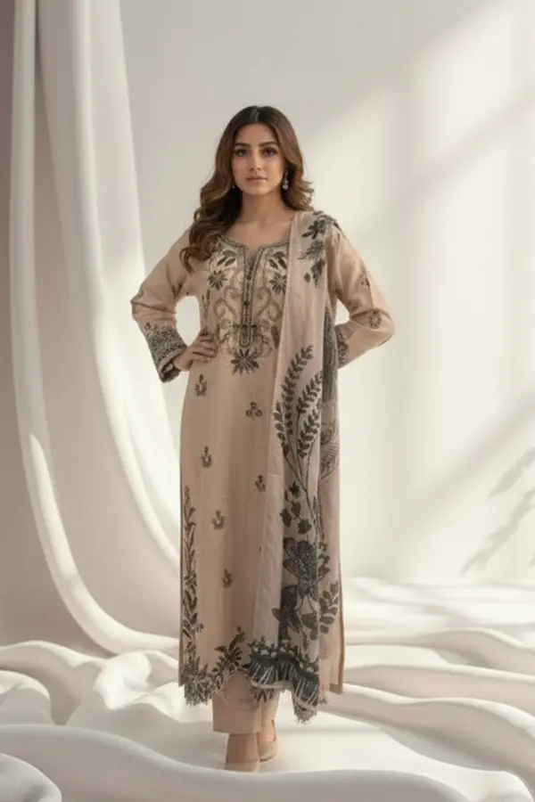 Reeva collection 3 piece kaftan embroidered suit - Beige, X - Large