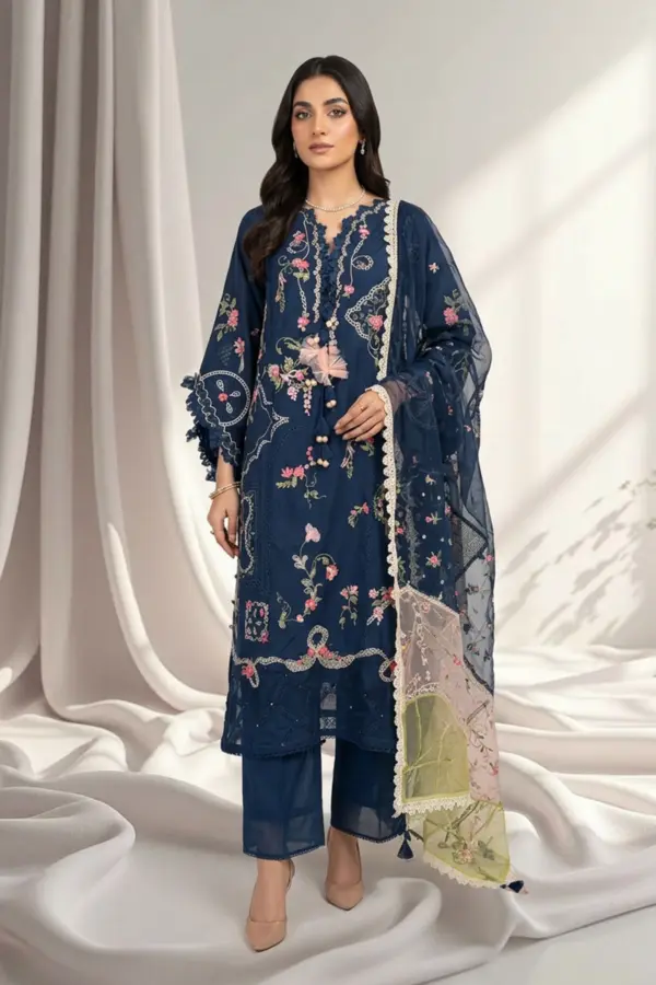 Zarina premium lawn lux 3 piece collection - Navy, X - Large