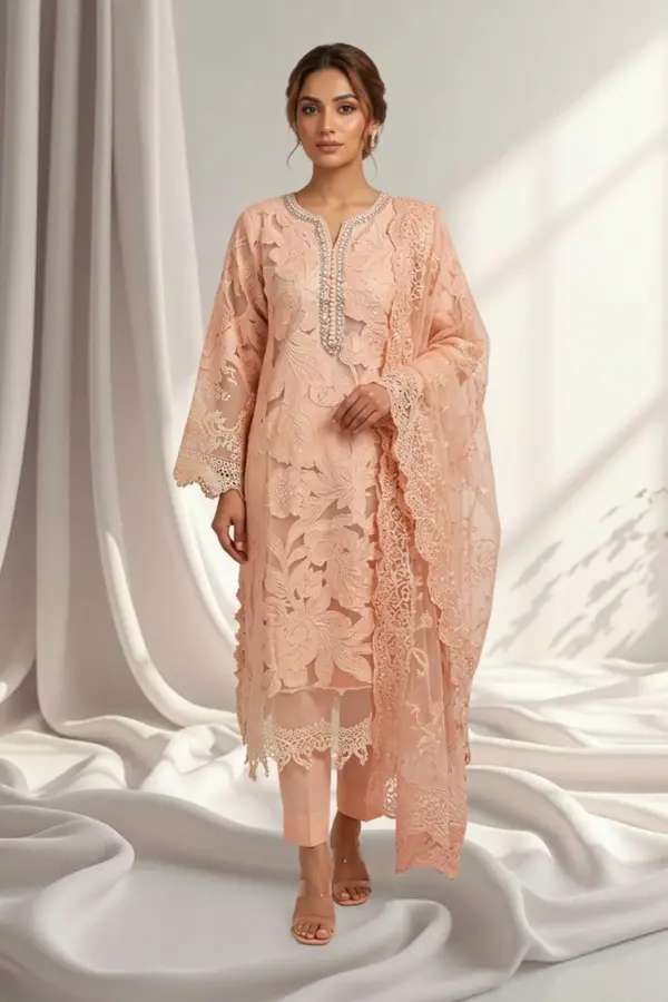Zarina 3 piece luxe premium embroidered collection - Pink, X - Large