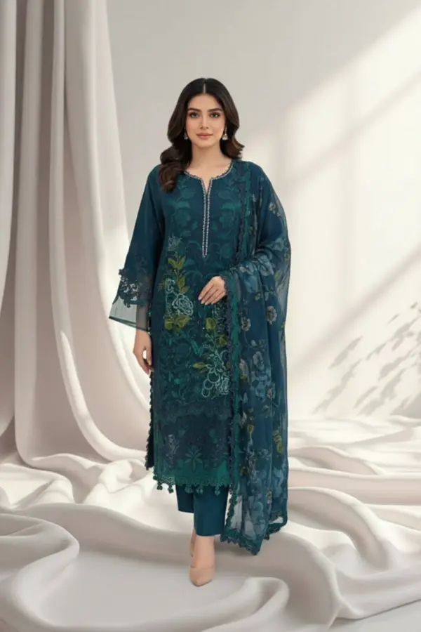 Zarina premium 3 piece luxe embroidered collection - Teal, X - Large