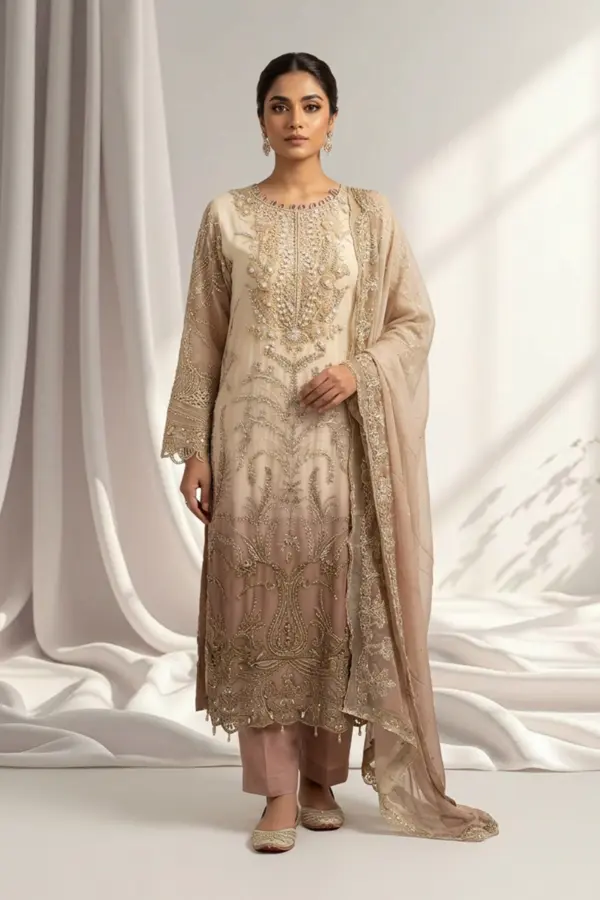Zarina chiffon premium 3 piece embroidered collection - Beige, X - Large