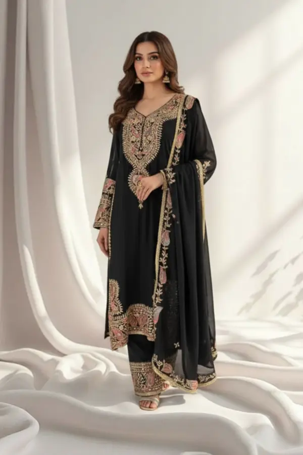 Areem luxe collection 3 piece embroidered suit - Black, 40