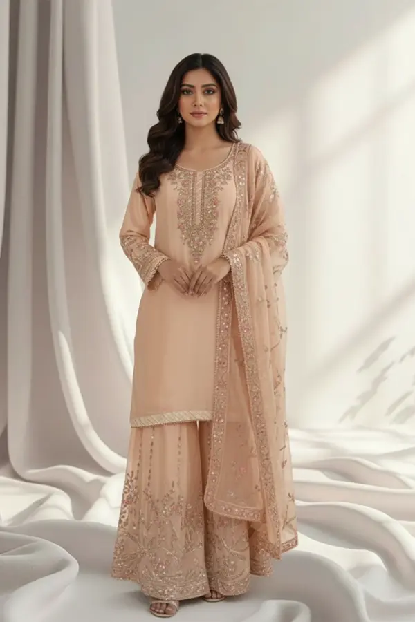 Shiffonz premium collection 3 piece plazo suit - Peach, 36