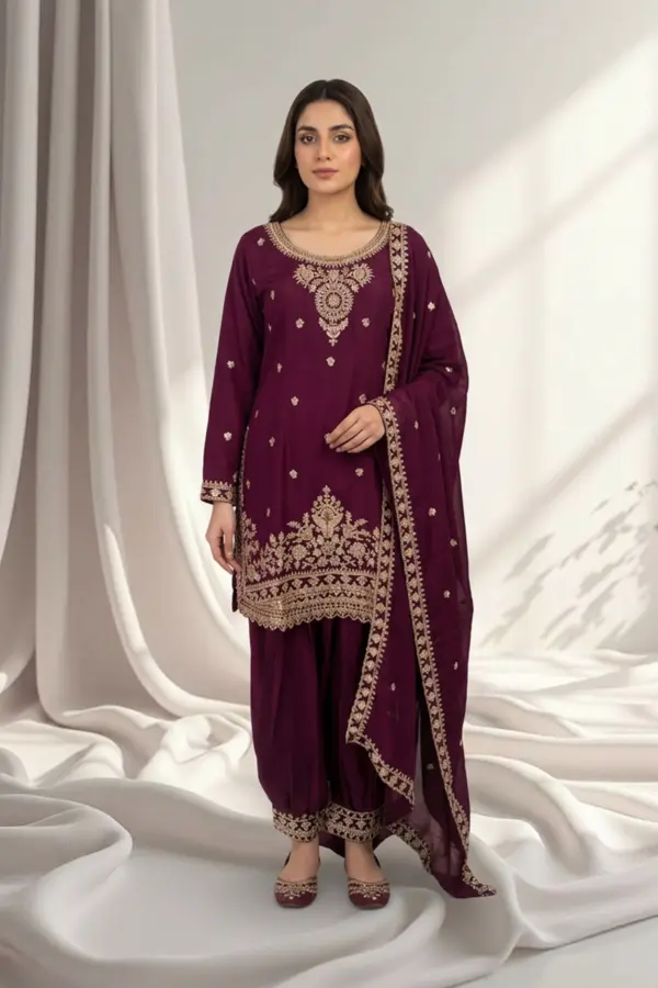 Reeza luxe collection 3 piece embroidered suit - Plum, X - Large