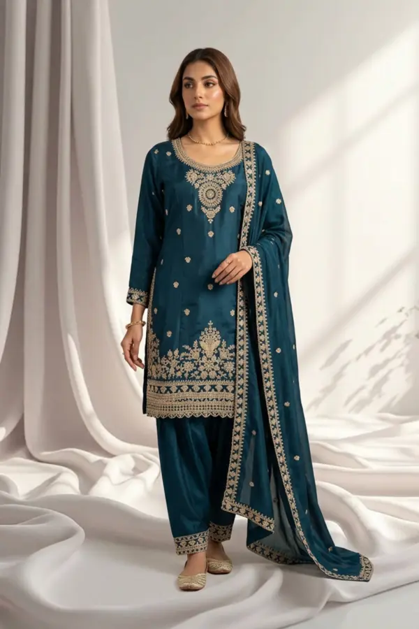 Reeza luxe collection 3 piece embroidered suit - Navy, X - Large