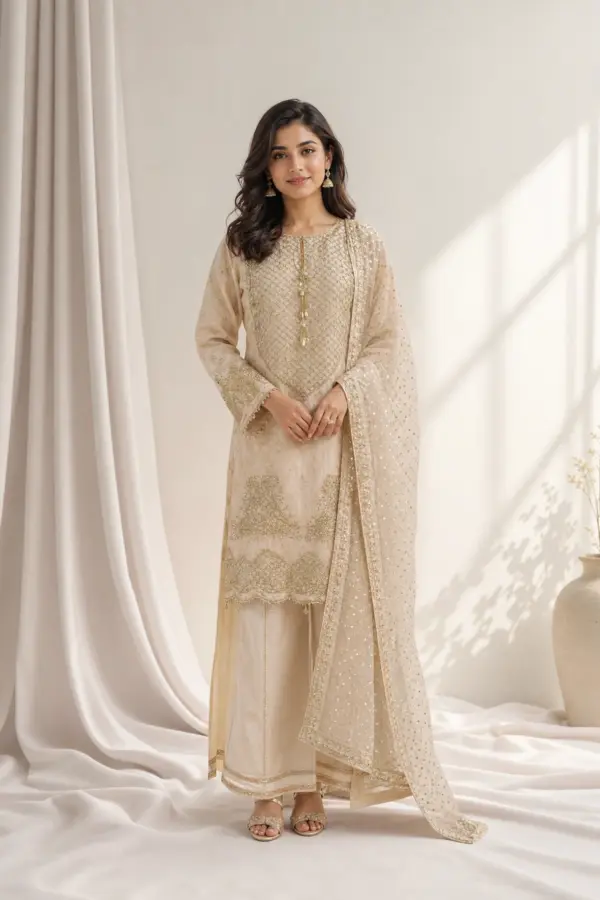 Jacquard premium collection 3 piece embroidered suit - Cream, Large