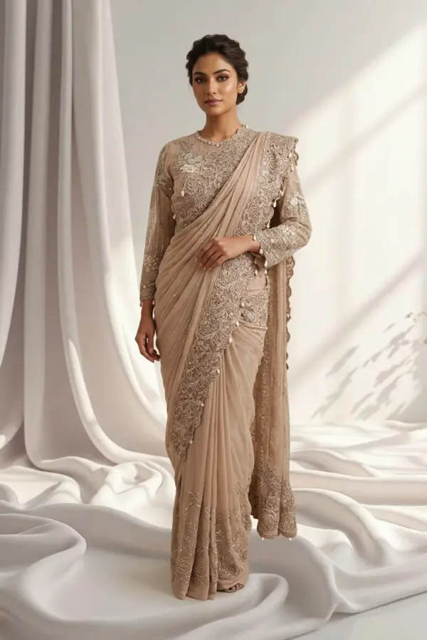Shiffonz luxury embroidered saree collection - Beige, X - Large